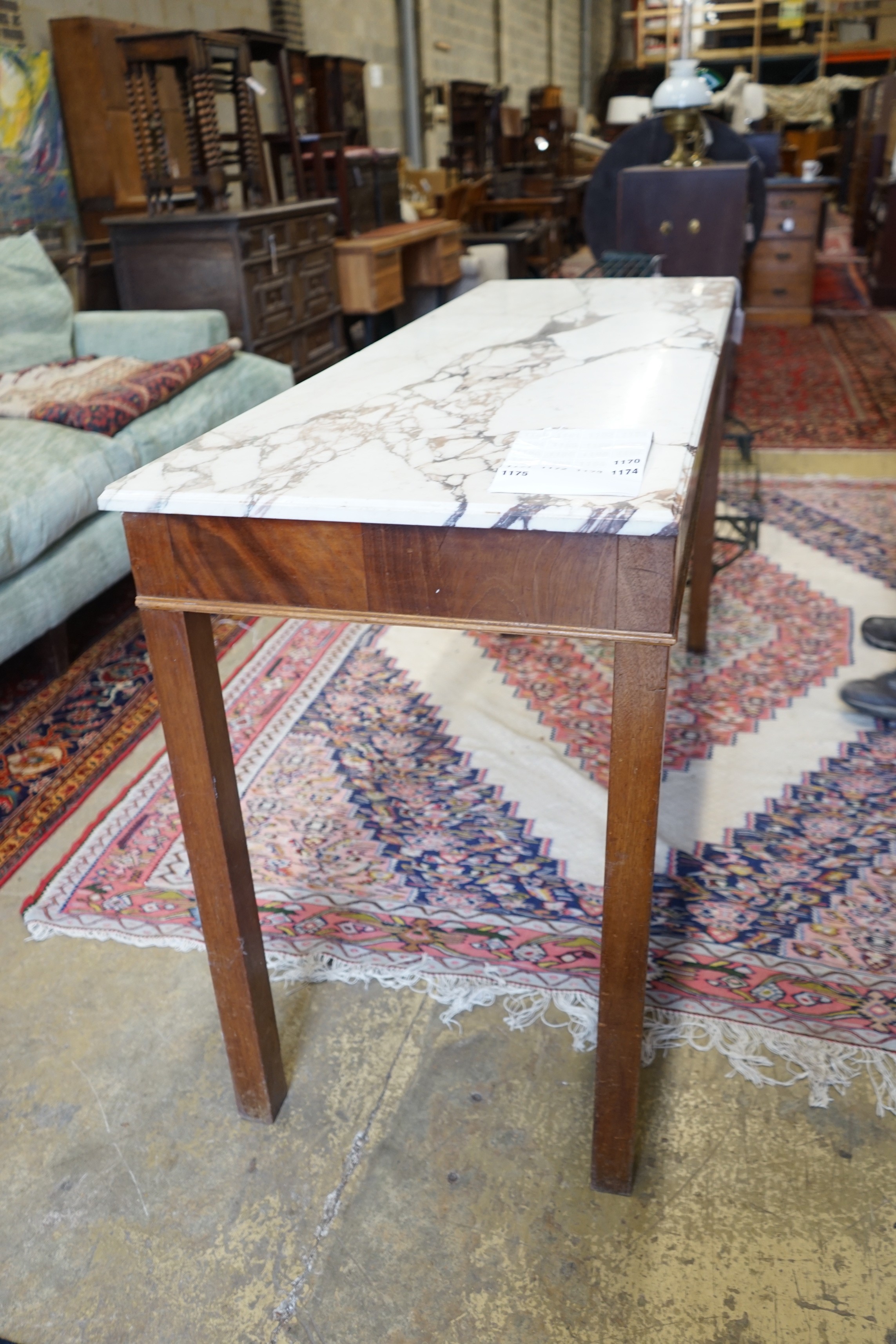 A George III style mahogany marble topped console table, width 164cm, depth 55cm, height 86cm